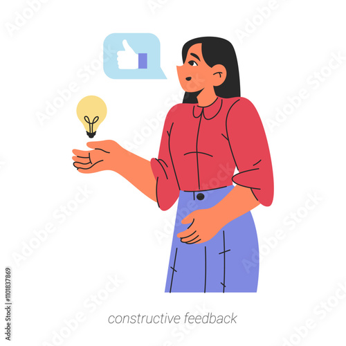 Constructive feedback handling, soft skill for work, business and life. Vector isolated flat cartoon character sharing idea or advise. Dealing with judgment or criticism at job. Personal traits