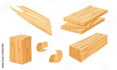 Woodworking and carpentry materials. Vector isolated set of wooden cube, plant with texture and wood shavings. Forestry and lumberjack industry, construction and building timber designs