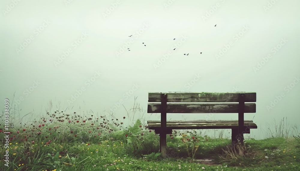 A peaceful meadow adorned with vibrant flowers and a wooden bench beneath soaring birds A peaceful meadow adorned with vibrant flowers and a wooden bench beneath soaring birds