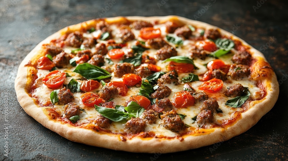 Sausage pizza topped with tomato, basil, and mozzarella cheese, presented on a dark rustic background. This homemade pizza invites indulgence and satisfaction. Perfect for food photography.