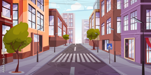 City panorama view during day time. Vector town scene with buildings and street with pedestrian crossing sign. Cityscape with infrastructure and skyline scenery, broad road with trees