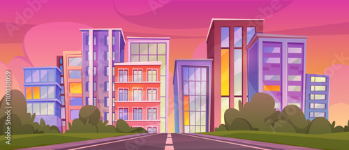 Evening city view, landscape of town with road and skyscrapers, pink sky with clouds. Vector sunset cityscape with buildings facades and exteriors. Modern skyline and architecture, urban scene