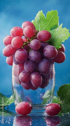 Fresh red grapes in a glass surrounded by green leaves in bright sunlight