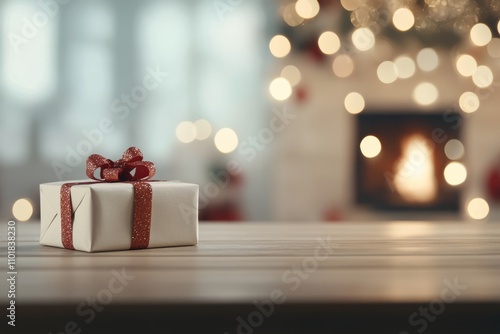 Holiday gift on a wooden table with a fireplace and blurred lights in the bac...