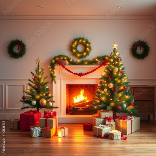 Interior Christmas magic glowing tree fireplace gifts on wooden floor