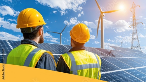 Two workers in hard hats observe a solar farm and wind turbines under a bright sky, highlighting renewable energy and sustainable technology.