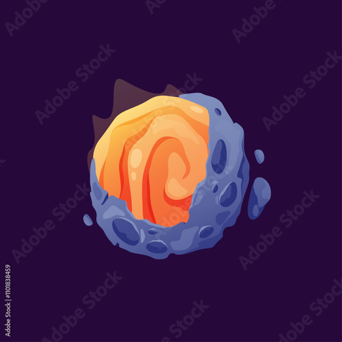 Fiery energy ball with shining and glowing. Vector isolated icon of magic or fantasy planet with plasma flowing. Game design or space theme decoration. Magma heat on surface of celestial body