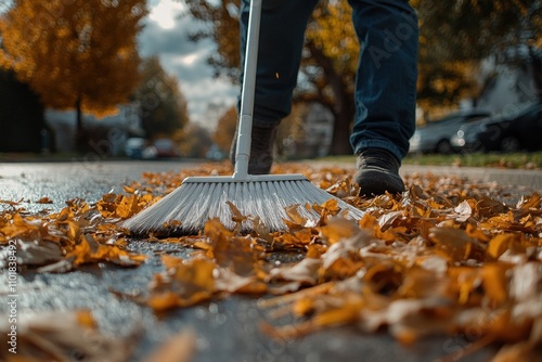 A person sweeps fallen autumn leaves from a paved driveway. photo