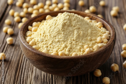 Chickpea Flour in Wooden Bowl on Table. Fresh Ingredients for Healthy Cooking photo