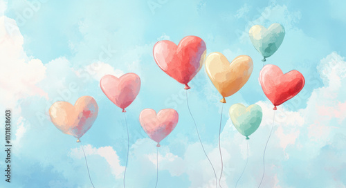 Heart-shaped balloons floating in the sky, a background for Valentine's Day cards, in a cute cartoon style with pastel colors