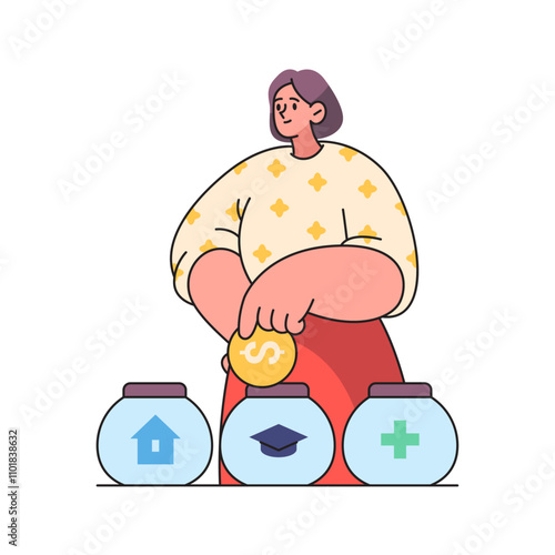 Budget planning and spending statistics, flat cartoon vector illustration. Isolated woman saving money for education and house mortgage. Investment and finance control or management