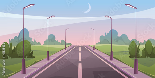 Morning scene of road landscape with lanterns, pavement and trees in distance. Vector asphalted path for transport, city path or street. Scene view with clear sky and crescent moon perspective