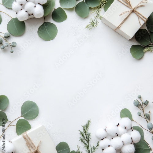 Fresh greenery and cotton decorations frame a minimalistic gift arrangement o...