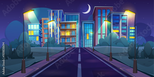 Road to city, nighttime landscape with skyscrapers, asphalted street and lanterns. Vector cityscape or skyline with buildings and apartment blocks. Suburb or downtown district or area in town