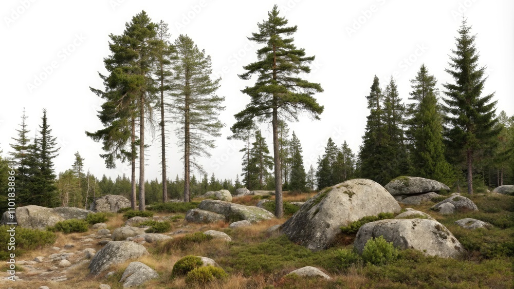 Minimalist Spruce Forest with Rocks - Isolated PNG Cutout for Nature Backgrounds Minimalist Spruce Forest with Rocks - Isolated PNG Cutout for Nature Backgrounds