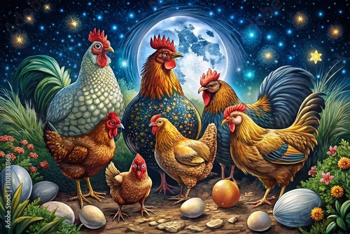 Night Photography of Hand Drawn Rooster and Hen Set with Engraved Farm Animal Poses, Chickens with Eggs, and Poultry Illustrations for Farm and Animal Enthusiasts photo