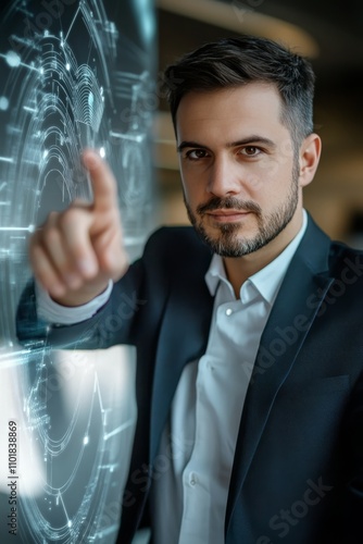 Professional man interacting with digital interface in modern office setting