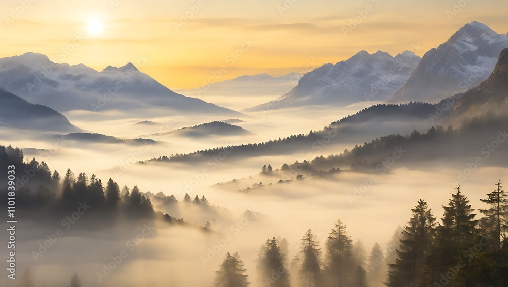 Mountain Sunrise with Fog and Trees Mountain Sunrise with Fog and Trees