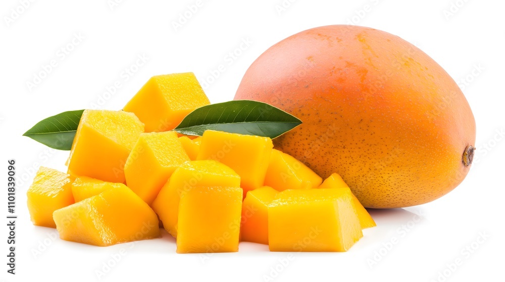 Ripe mango with diced pieces and leaves isolated on white. Ripe mango with diced pieces and leaves isolated on white.