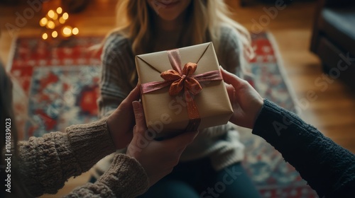 Holiday gift being held by a person near a beautifully decorated Christmas tree