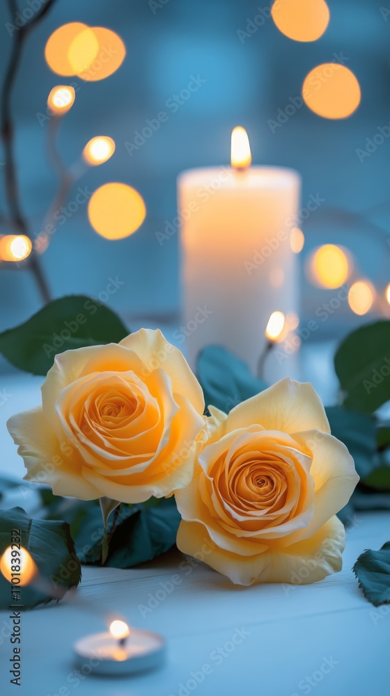 Elegant yellow roses and candles create a serene atmosphere for a relaxing evening Elegant yellow roses and candles create a serene atmosphere for a relaxing evening