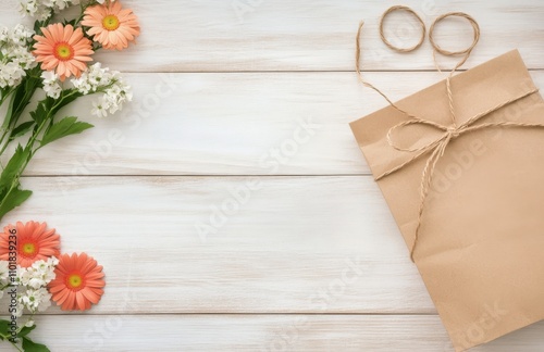 Floral arrangement with kraft paper bag and twine on a wooden backdrop