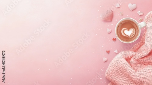 Cozy winter setup with a warm drink and soft pastel decorations on a pink bac...
