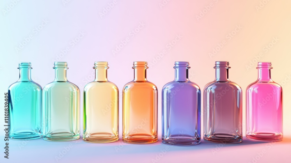 Colorful gradient glass bottles display studio setting photography minimalist style artistic concept Colorful gradient glass bottles display studio setting photography minimalist style artistic concept