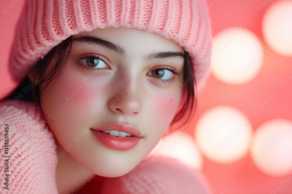 Close-up Portrait of Young Woman in Pink Knitwear Close-up Portrait of Young Woman in Pink Knitwear