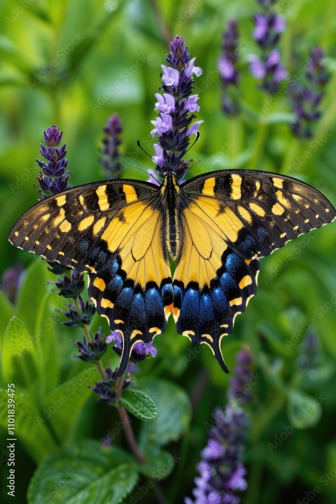 A yellow and black butterfly sits on a purple flower, showcasing its vibrant colors A yellow and black butterfly sits on a purple flower, showcasing its vibrant colors