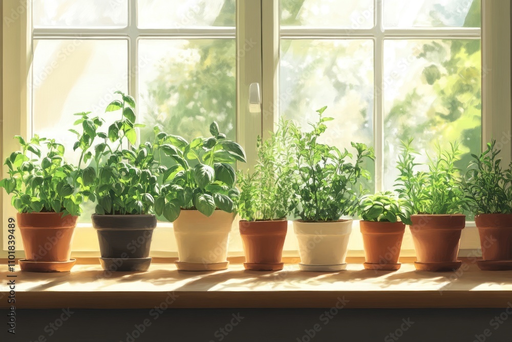 A row of potted herbs sit on a windowsill, bathed in the warm sunlight streaming in from the window behind them. A row of potted herbs sit on a windowsill, bathed in the warm sunlight streaming in from the window behind them.