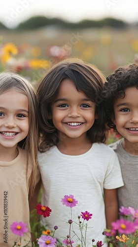 Children smiling together in a vibrant flower garden during a sunny day