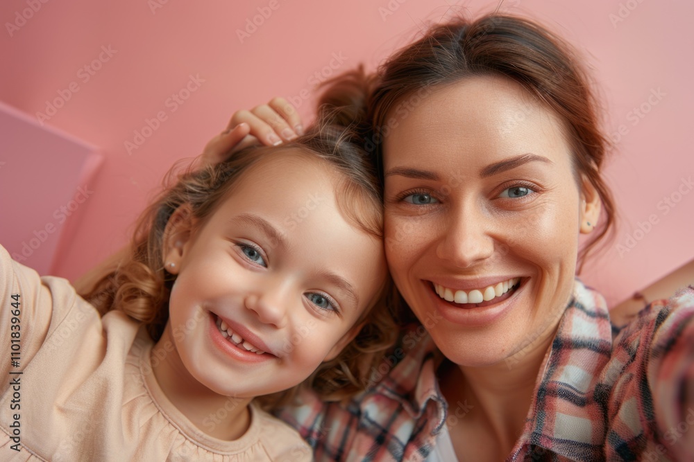 A mother and her young daughter smiling together as they take a selfie A mother and her young daughter smiling together as they take a selfie