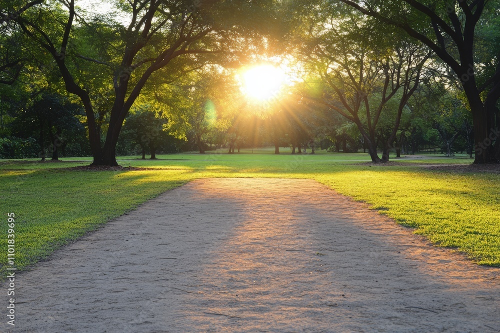 Obraz premium Sunlight streaming through trees in a serene park during early morning hours
