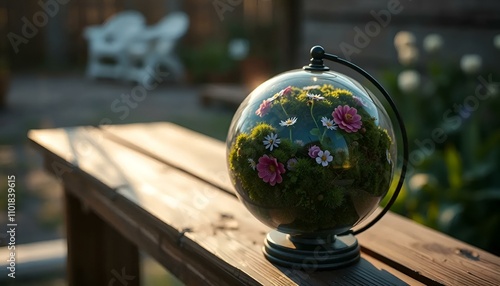 Beautiful glass terrarium with moss and flowers displayed on rustic wooden table in garden