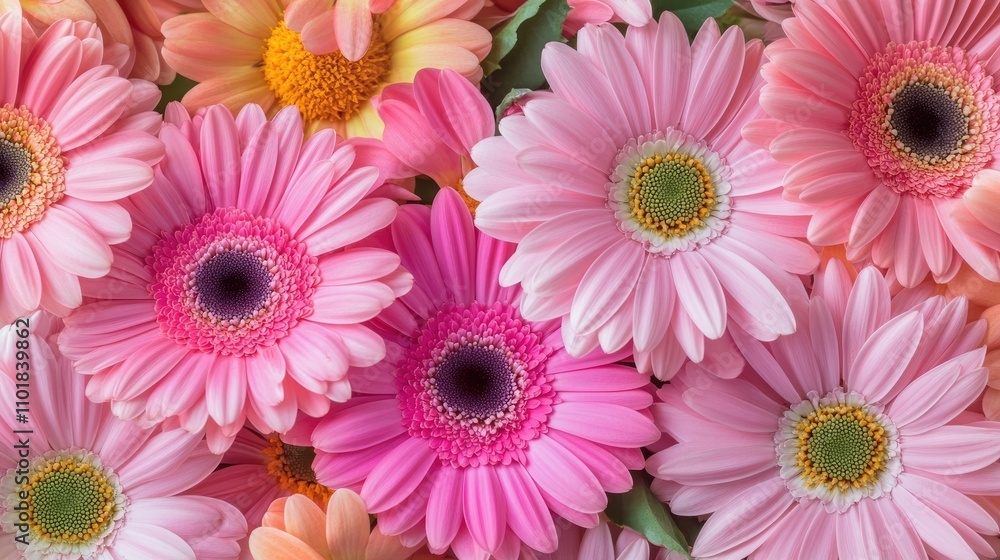 Close-up macro photo of pink gerbera daisies against a spring background filled with vibrant spring flowers, highlighting the beauty and detail of the gerbera daisies in full bloom. Close-up macro photo of pink gerbera daisies against a spring background filled with vibrant spring flowers, highlighting the beauty and detail of the gerbera daisies in full bloom.