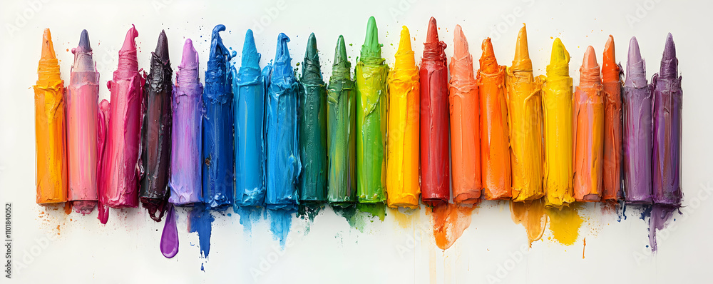 Vibrant Crayon Art, A Colorful Spectrum of Melted Wax, Arranged in a Row Against a White Background, Showing Rich Hues and Textured Details. Vibrant Crayon Art, A Colorful Spectrum of Melted Wax, Arranged in a Row Against a White Background, Showing Rich Hues and Textured Details.