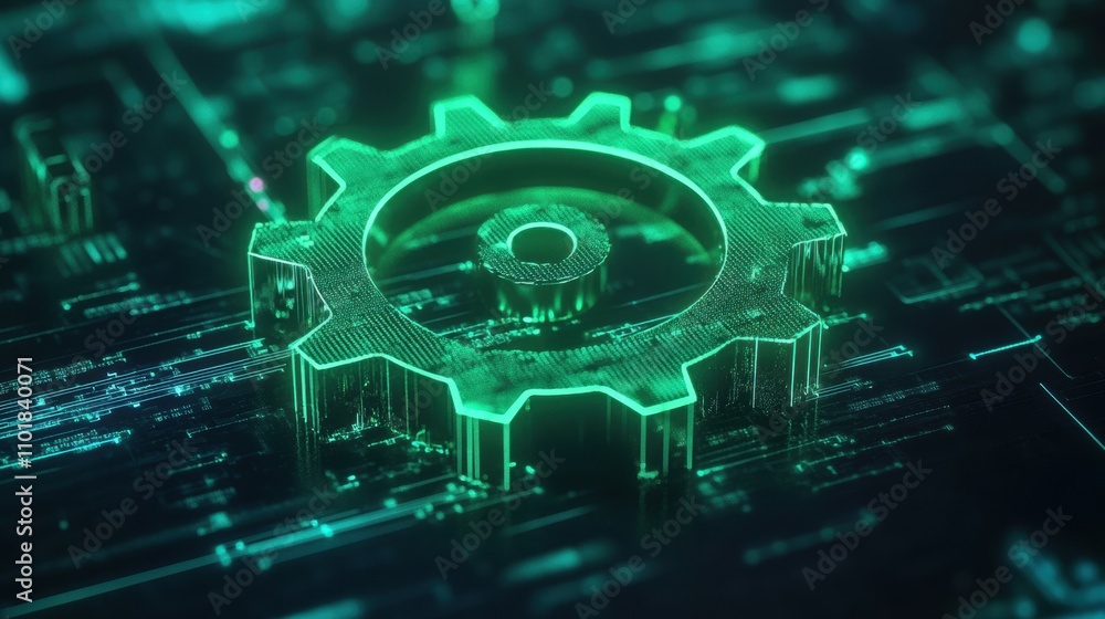 Dynamic green gear in digital data stream high-tech environment futuristic concept art Dynamic green gear in digital data stream high-tech environment futuristic concept art