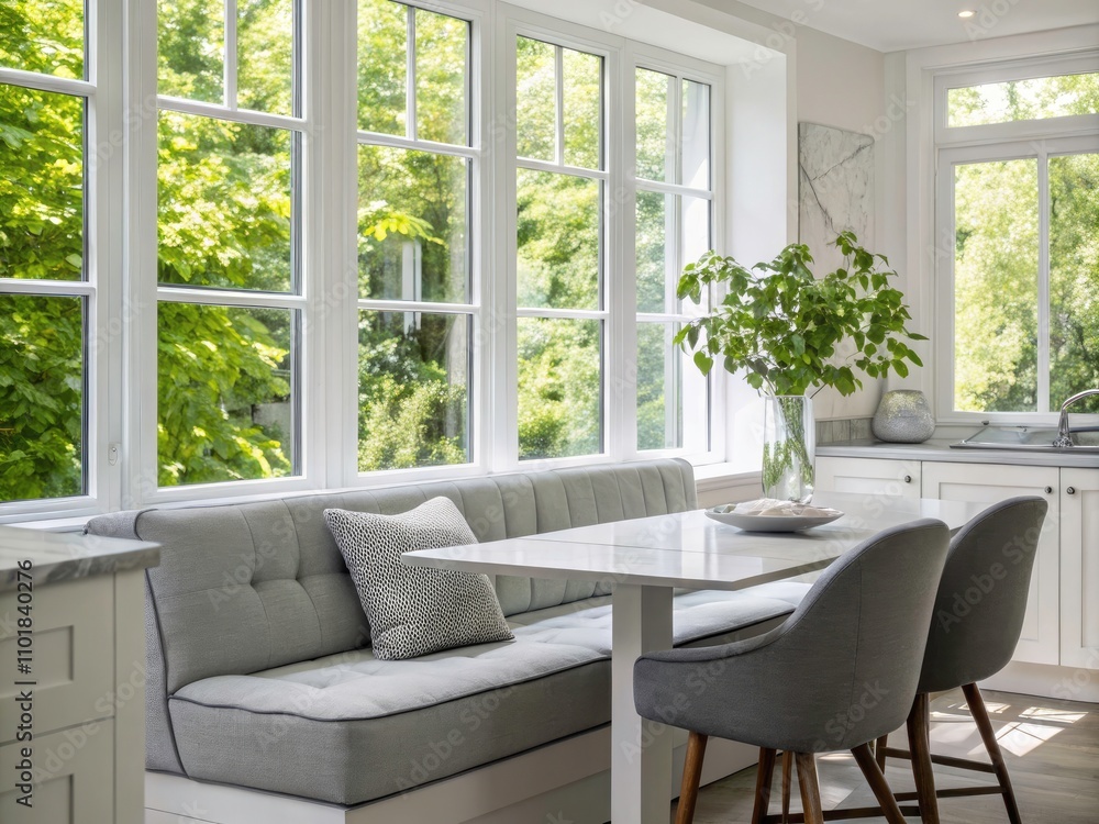 Modern White Kitchen with Grey Sofa and Dining Table Overlooking Lush Green Foliage - Stylish Home Interior Design Inspiration Modern White Kitchen with Grey Sofa and Dining Table Overlooking Lush Green Foliage - Stylish Home Interior Design Inspiration