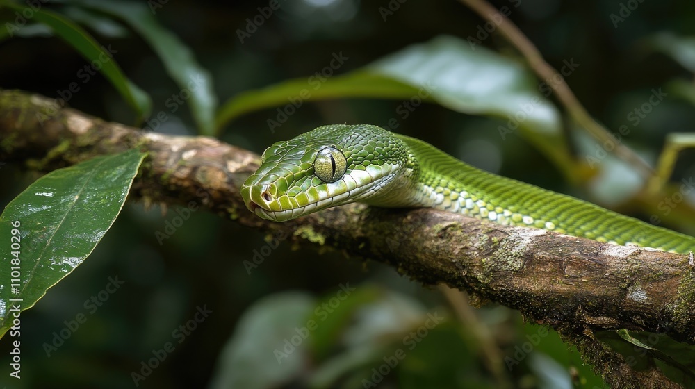 Young male green tree python on a branch, displaying its serious profile. The green tree python rests elegantly in detailed rainforest surroundings, with ample copy space. Young male green tree python on a branch, displaying its serious profile. The green tree python rests elegantly in detailed rainforest surroundings, with ample copy space.
