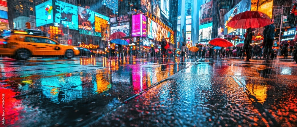 Times square urban photography of rain-soaked street life Times square urban photography of rain-soaked street life
