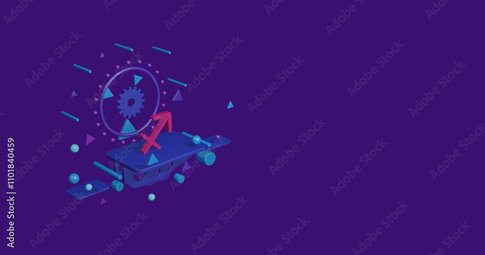 Fototapeta premium Pink zodiac sagittarius symbol on a pedestal of abstract geometric shapes floating in the air. Abstract concept art with flying shapes on the left. 3d illustration on deep purple background