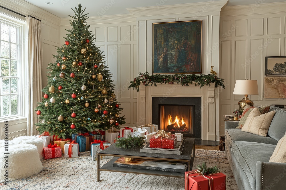 Cozy living room decorated for Christmas with a tall green tree, red and gold ornaments, and colorful wrapped gifts. Fireplace, sofa, and warm lighting create a festive atmosphere. Cozy living room decorated for Christmas with a tall green tree, red and gold ornaments, and colorful wrapped gifts. Fireplace, sofa, and warm lighting create a festive atmosphere.