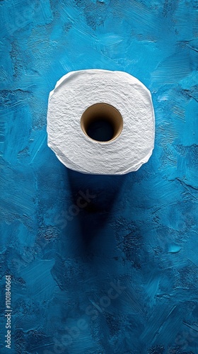 White toilet paper roll on blue textured background with shadow cast below