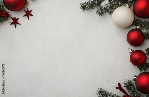 Festive holiday decorations with red ornaments and pine branches on a light b...
