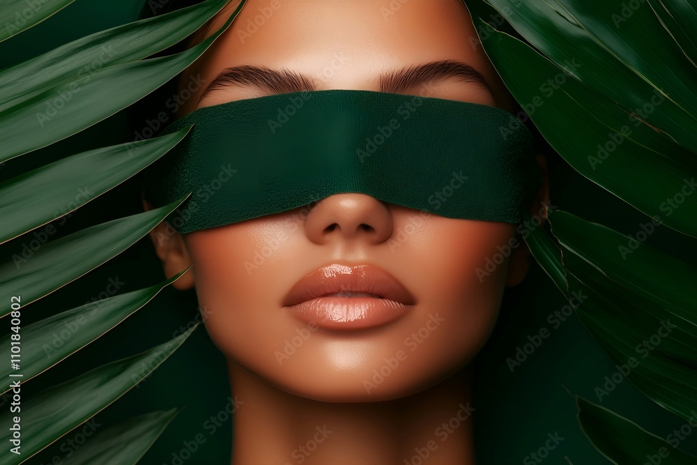 Woman's Face Partially Covered by Green Band, Framed by Palm Leaves Woman's Face Partially Covered by Green Band, Framed by Palm Leaves