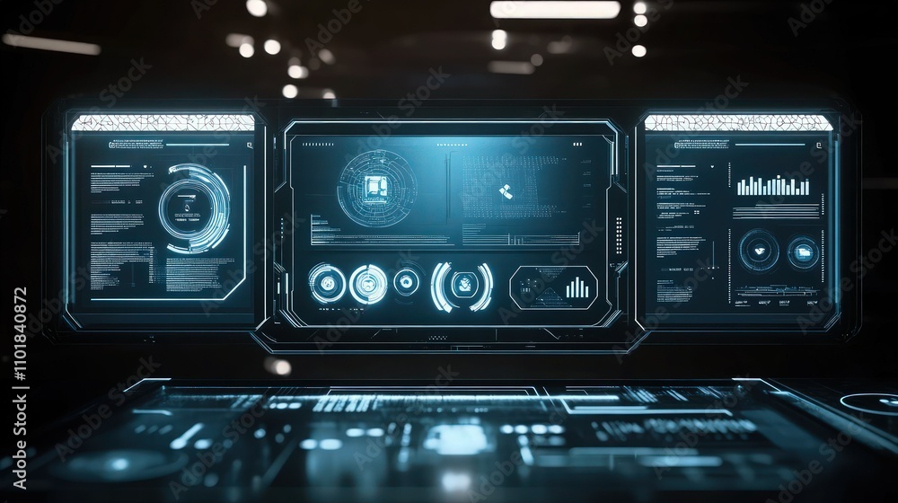 Fototapeta premium Central glowing blue holographic screen with abstract circular metrics serves as a modern command console backdrop for business use.