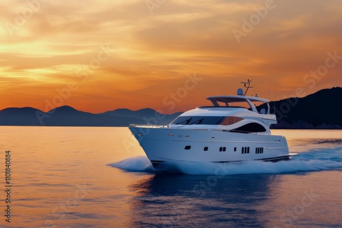 Beautiful sunset over calm lake with boat gliding through water in serene lan...