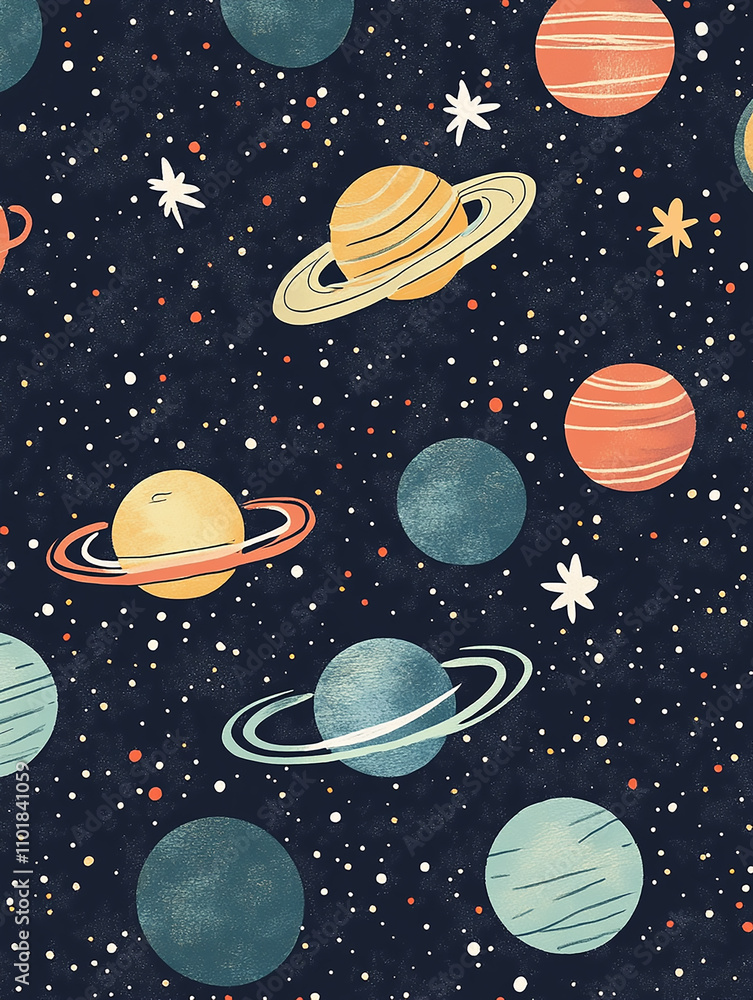 A colorful painting of the solar system with planets and stars. A colorful painting of the solar system with planets and stars.