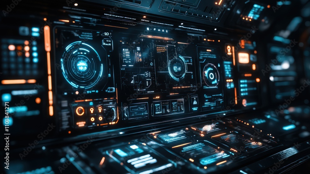interface displaying a futuristic user interface with touch-activated components in a dark, immersive environment. interface displaying a futuristic user interface with touch-activated components in a dark, immersive environment.